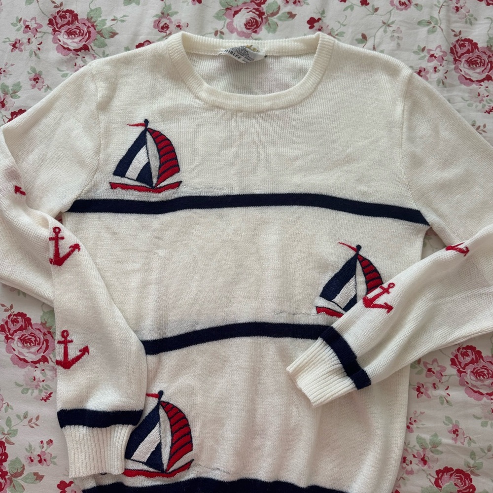 Authentic Vintage White Nautical Sweater with Sailboat and Anchor Design